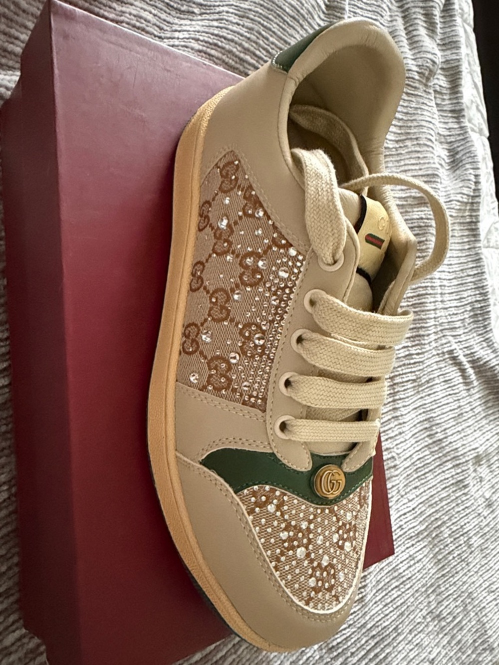 Gucci Beige Crystal-Embellished Sneaker with Green Trim - Picture 3 of 3